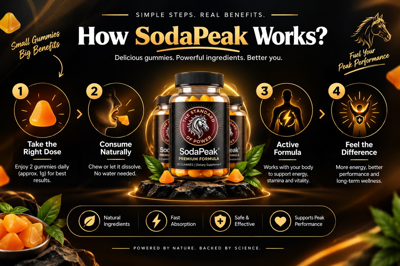 SodaPeak four-step how it works: take the right dose, consume naturally, active formula, feel the difference